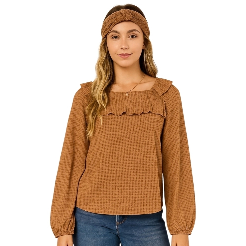 Hailey & Co Wmns M Waffle Knit Blouse Tan Boho Peasant Ruffle Bishop Sleeve USA